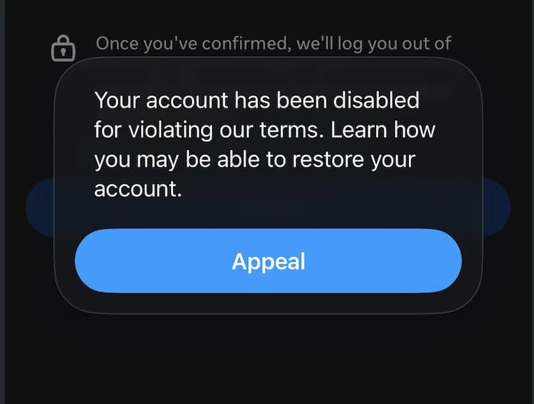 Instagram disabled-account modal: 'Your account has been disabled for violating our terms' with an Appeal button