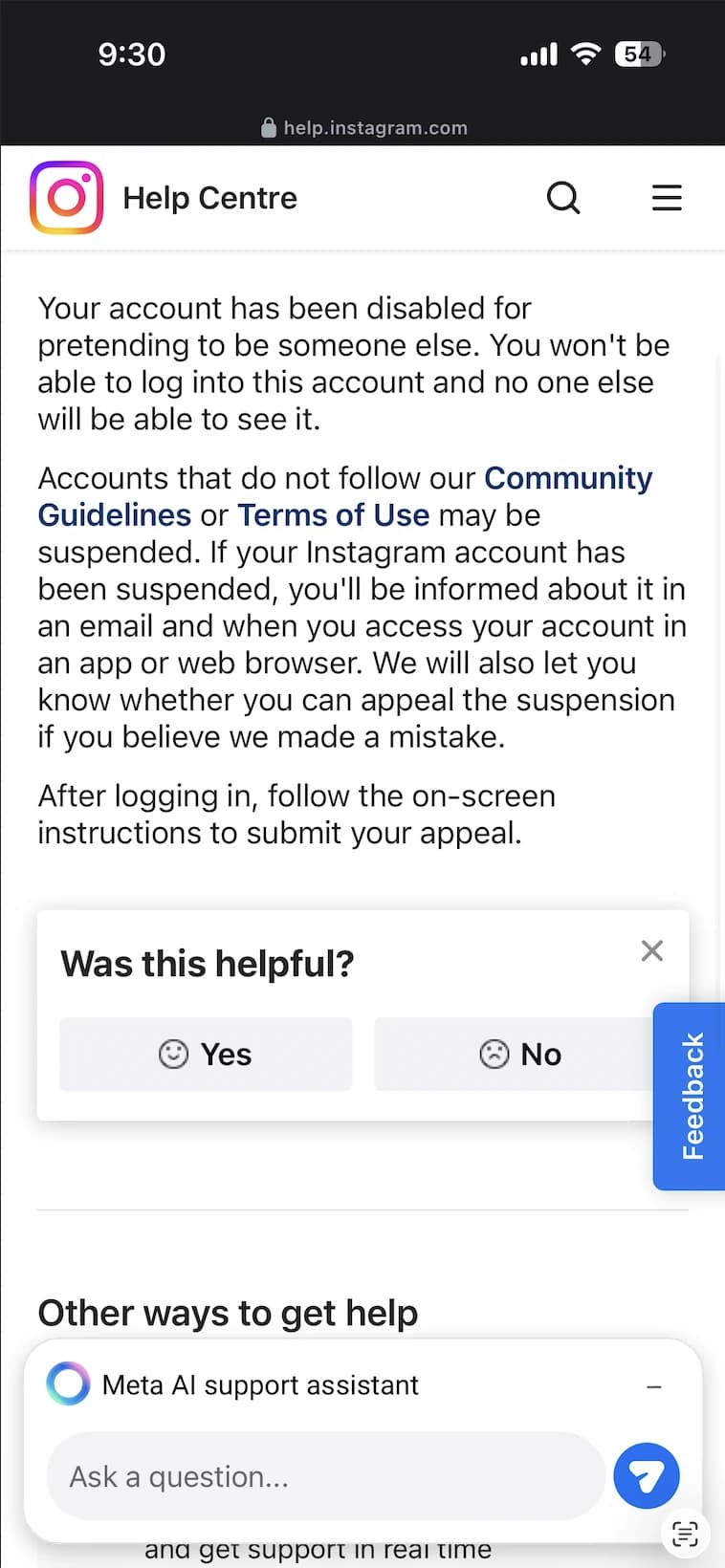 Instagram Help Centre page explaining account disabled for impersonation, with Community Guidelines link and Meta AI support assistant