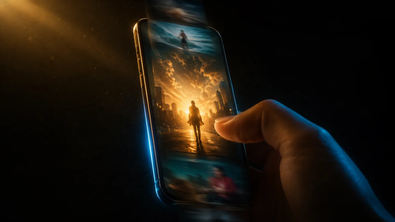 A thumb paused mid-scroll over a glowing phone showing the first frame of an Instagram Reel