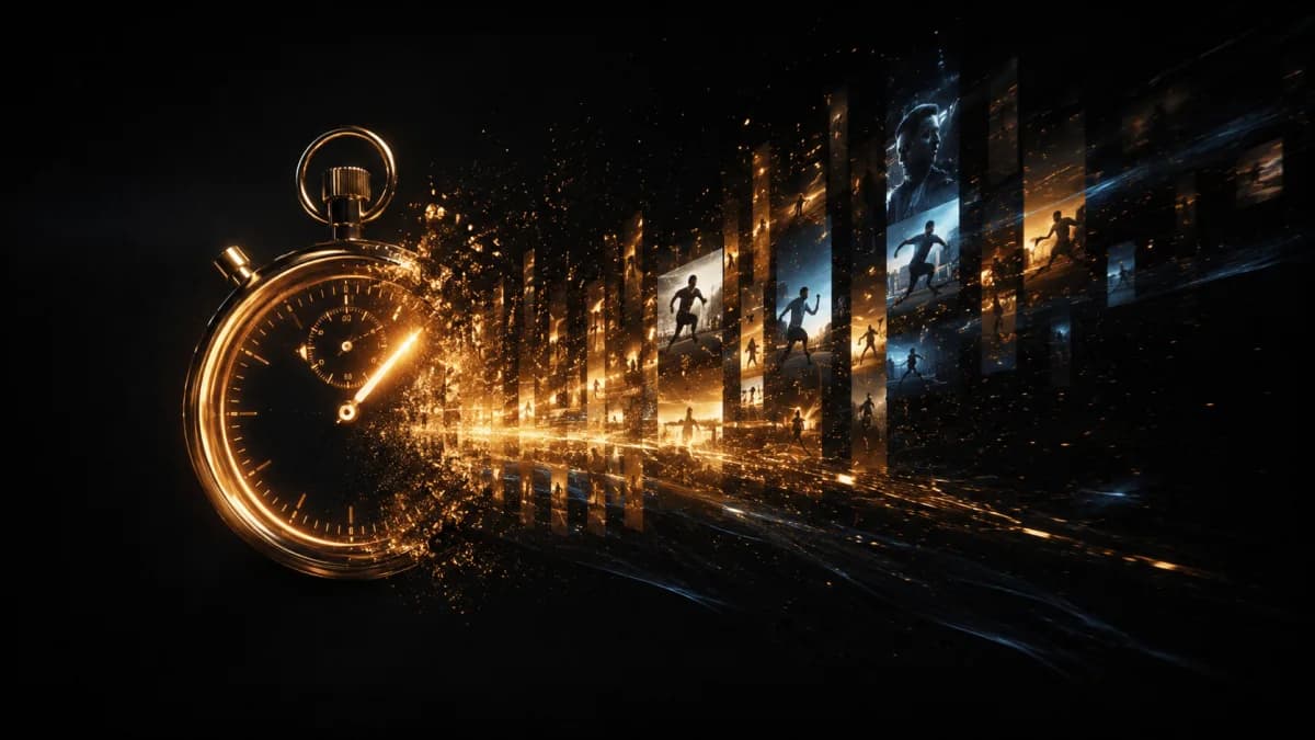 An abstract stopwatch dissolving into scrolling video frames, representing the split-second decision to keep watching or scroll