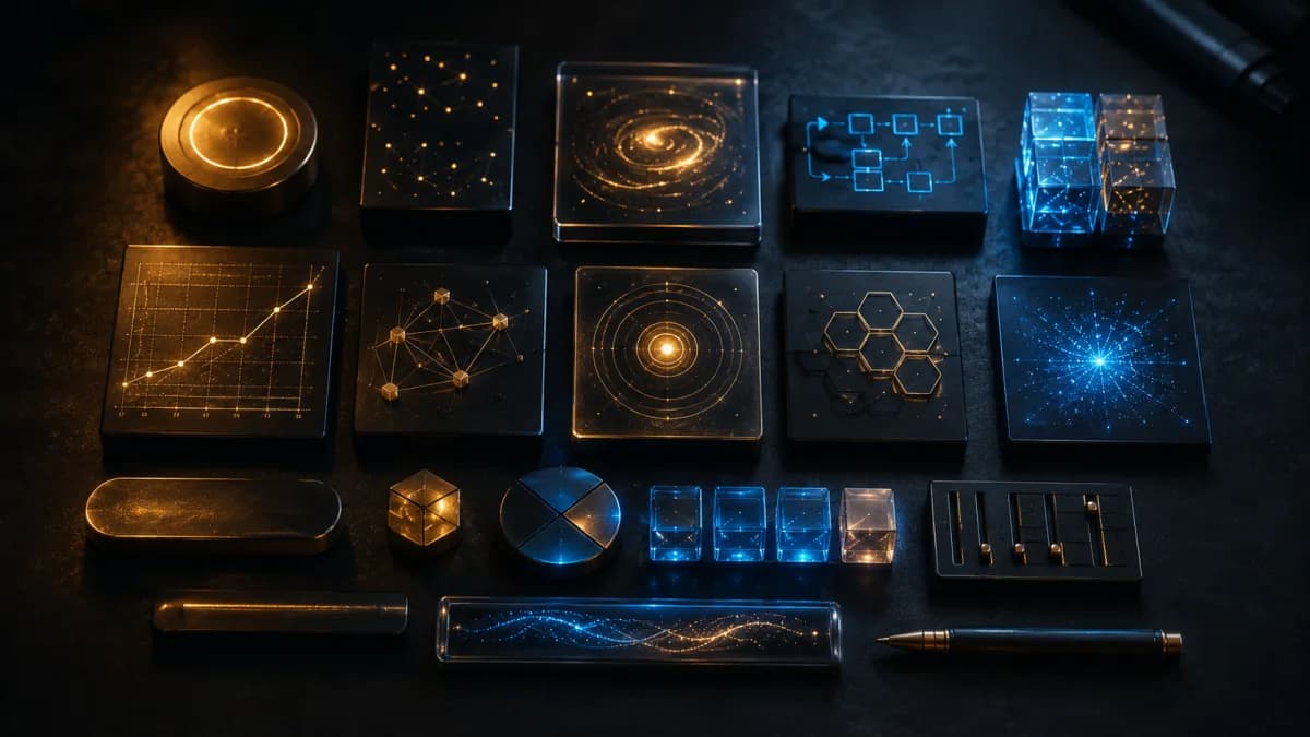 Modular glowing tiles arranged like a toolkit, representing a set of reusable hook formulas
